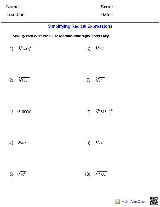 Evaluating Expressions Worksheet and Simplifying Radicals Worksheets