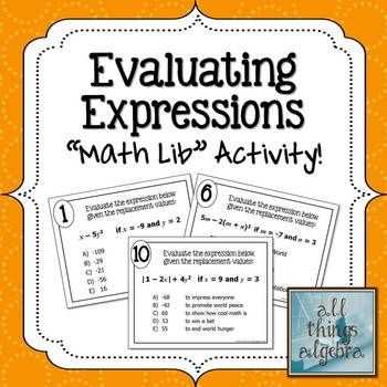 Evaluating Expressions Worksheet or Evaluating Expressions Math Lib