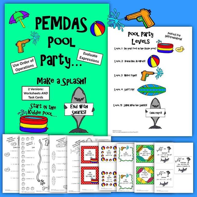 Evaluating Expressions Worksheet or order Operations Pemdas Evaluate Expressions Pool Party Activity