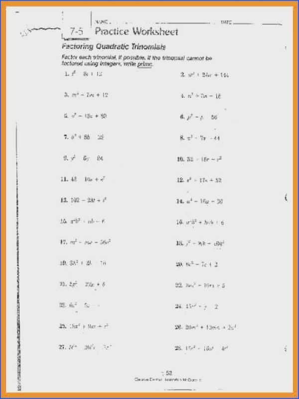 Factoring Trinomials Worksheet with Answer Key and Factoring Trinomials Worksheet