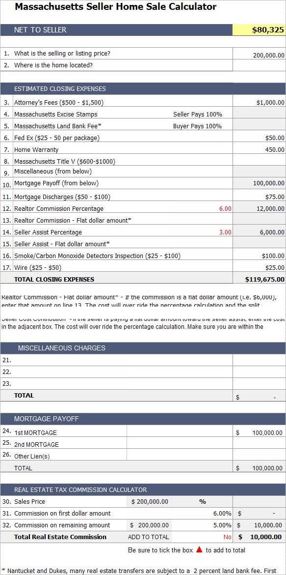 Fannie Mae Self Employed Worksheet with Massachusetts Home Seller Calculator Easily Estimate the Closing