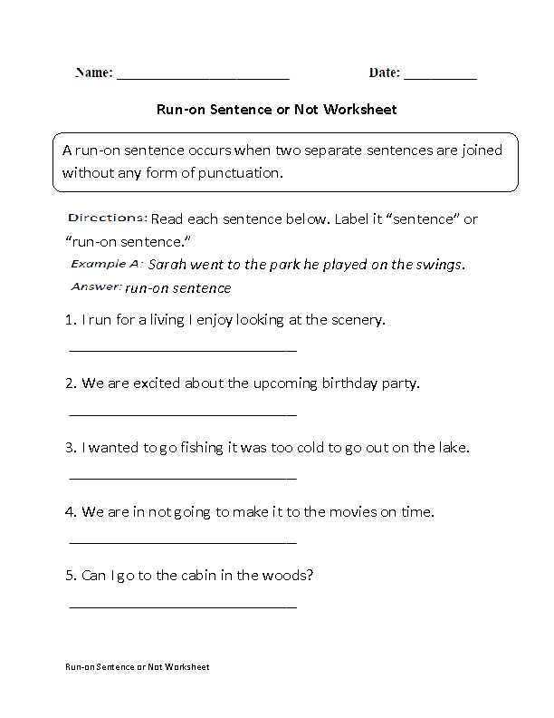 Fix the Sentence Worksheets with Run On Sentence or Not Worksheet Part 1 Beginner