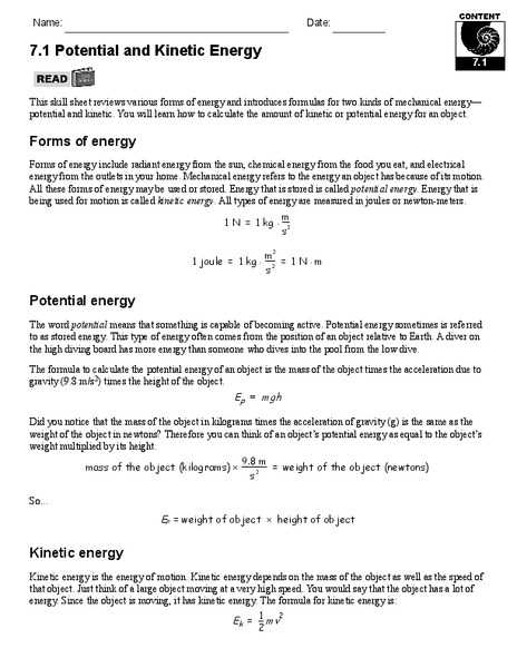 Forms Of Energy Worksheet Answers Also Worksheets 45 Re Mendations Potential and Kinetic Energy Worksheet