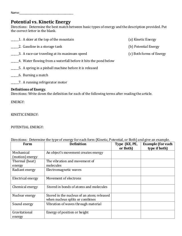 Forms Of Energy Worksheet Answers with Worksheets 45 Re Mendations Potential and Kinetic Energy Worksheet