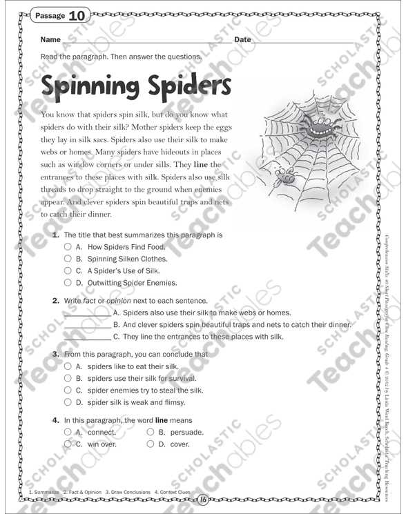 Free 4th Grade Reading Comprehension Worksheets Also Spinning Spiders Close Reading Passage