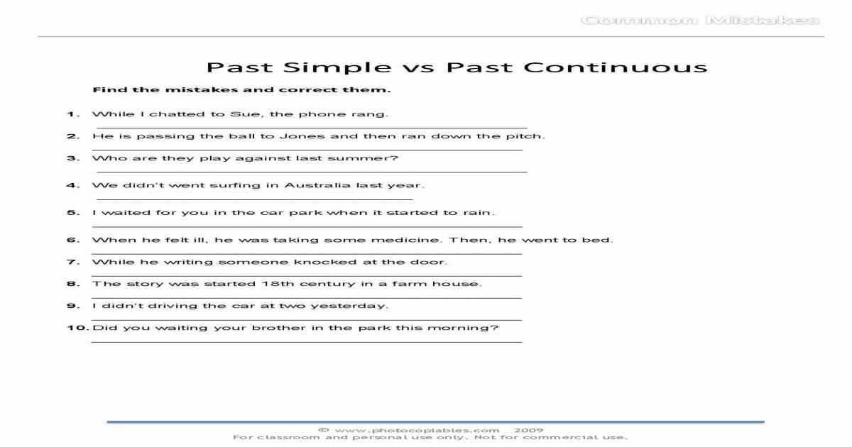 Free Esl Worksheets for Adults together with Past Simple Vs Past Continuous Mon Mistakes Free Esl Worksheet