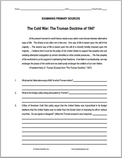 Free Printable Economics Worksheets with Truman Doctrine 1947 Document Based Worksheet for Grades 9 12