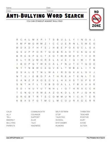 Free Printable Health Worksheets for Middle School Also Free Printable Anti Bullying Word Search Stuff to Buy
