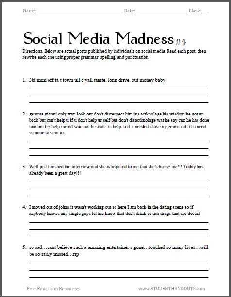 Free Printable Health Worksheets for Middle School Also social Media Madness Worksheet 4 Fourth Free Printable Worksheet