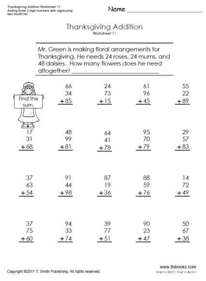 Free Printable Thanksgiving Math Worksheets for 3rd Grade and Addition Worksheets Third Worksheets for All