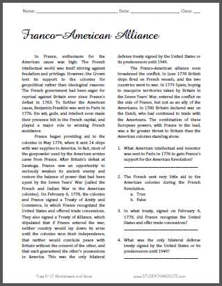 French and Indian War Worksheet and Franco American Alliance Reading with Questions