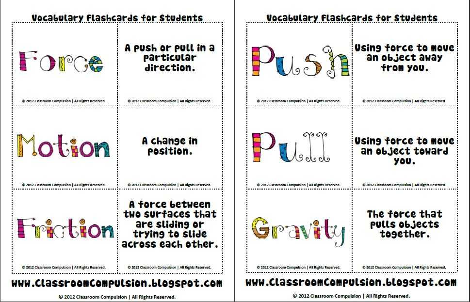 Friction and Gravity Lesson Quiz Worksheet as Well as force and Motion Vocab Cards Science Pinterest