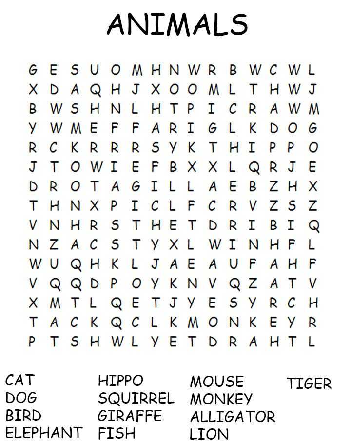 Fun Worksheets for Kids as Well as Printable Animals Word Search