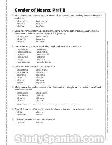 Gender Of Nouns In Spanish Worksheet as Well as Tema Gender Of Nouns In Spanish Masculine Quia
