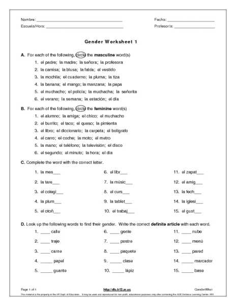 Gender Of Nouns In Spanish Worksheet together with Worksheets Gender Nouns for Grade 1