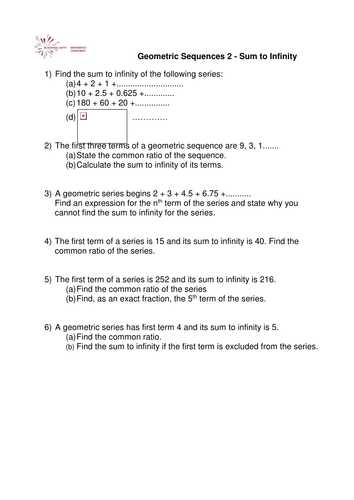 Geometric Sequences and Series Worksheet Answers Along with A Level Maths Sum to Infinity Worksheet by Phildb Teaching