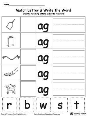 Glued sounds Worksheet or Ag Word Family Match Letter and Write the Word