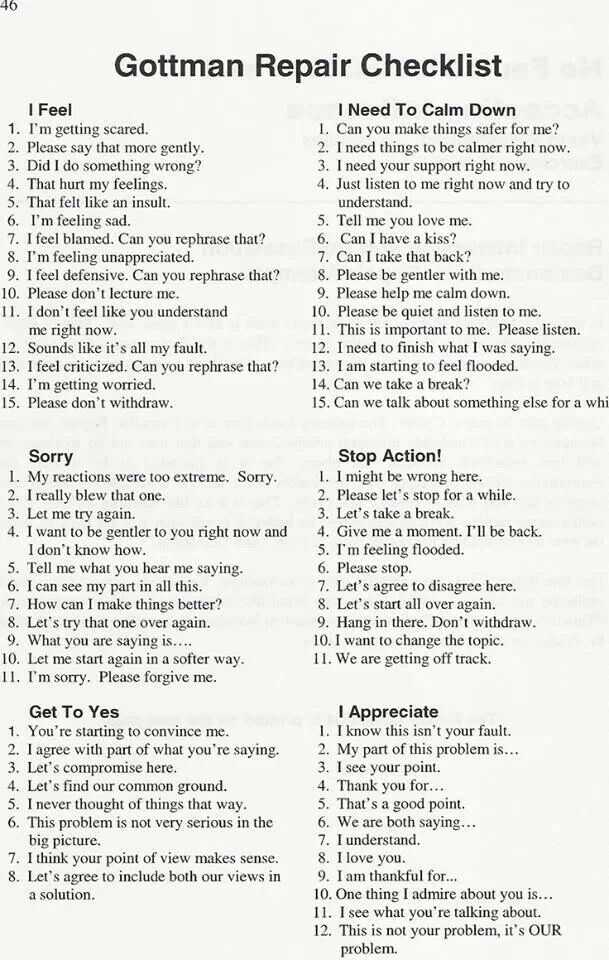 Gottman Method Worksheets Along with Gottman Repair Checklist Great for Couple Family Counseling