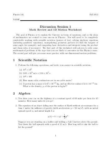 Harmonic Motion Worksheet Answers and Math Review and 1d Motion Worksheet Faculty