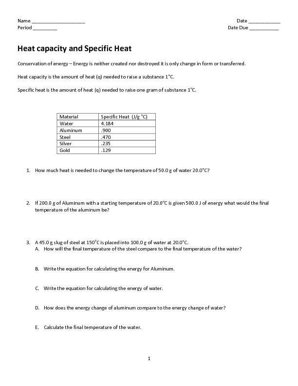Heat Transfer Specific Heat Problems Worksheet together with Calculating Specific Heat Worksheet New Heat Energy and Transfer