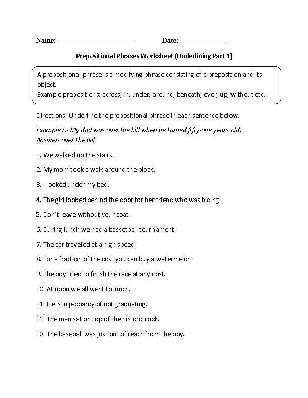 High School English Worksheets with Underlining Prepositional Phrase Worksheet Also Many Other Grammar