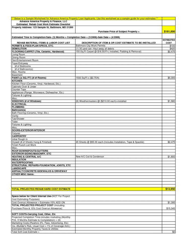 Home Replacement Cost Estimator Worksheet Along with Cost Electrical Work Work Center Cost Center with Cost