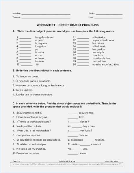 Indirect Object Pronouns Spanish Worksheet as Well as Direct and Indirect Object Worksheet Kidz Activities