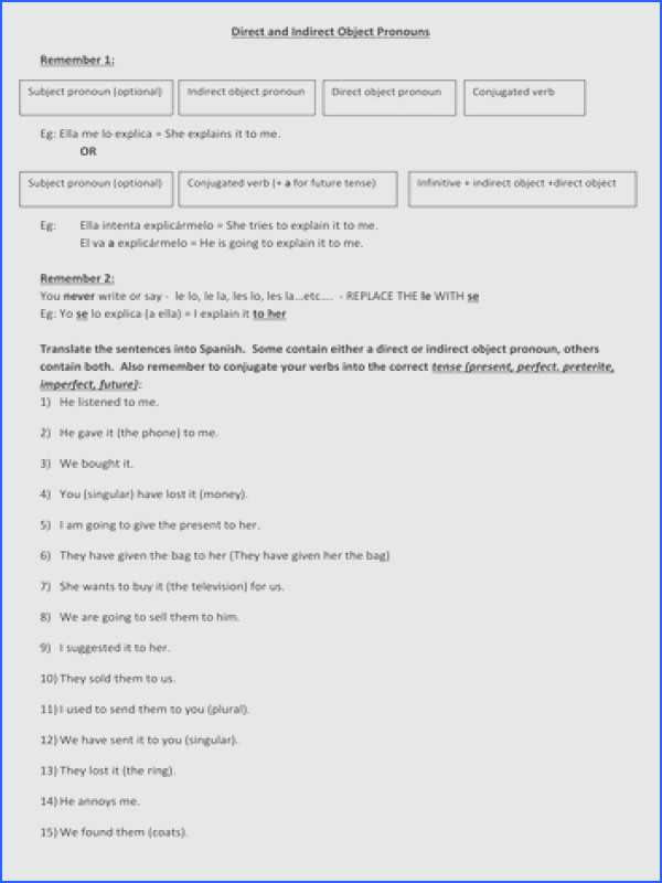 Indirect Object Pronouns Spanish Worksheet together with Direct Object Worksheet Choice Image Worksheet Math for Kids
