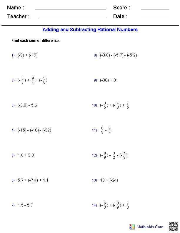 Integers Worksheet Pdf and Adding and Subtracting Rational Numbers Worksheets