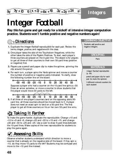 Integers Worksheet Pdf with Integer Football