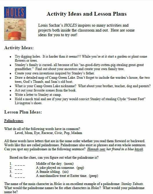 Interest Group Lesson Plan Worksheet Along with Activity Ideas and Lesson Plans for Louis Sachar S Holes