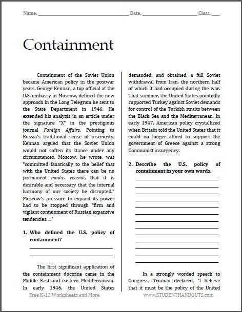 Korean War Worksheet as Well as Containment Cold War Reading with Questions