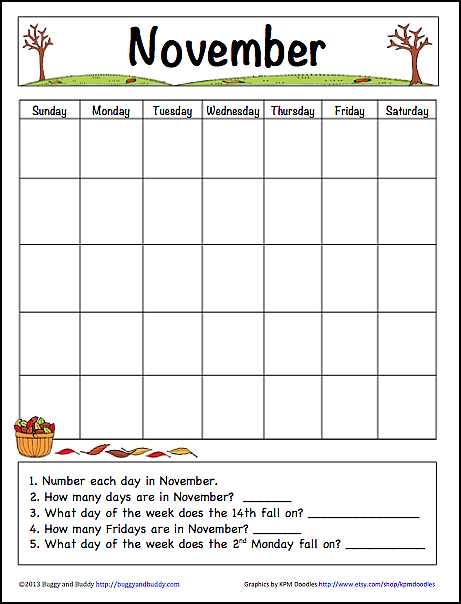 Learning Calendar Worksheets or November Learning Calendar Template for Kids Free Printable