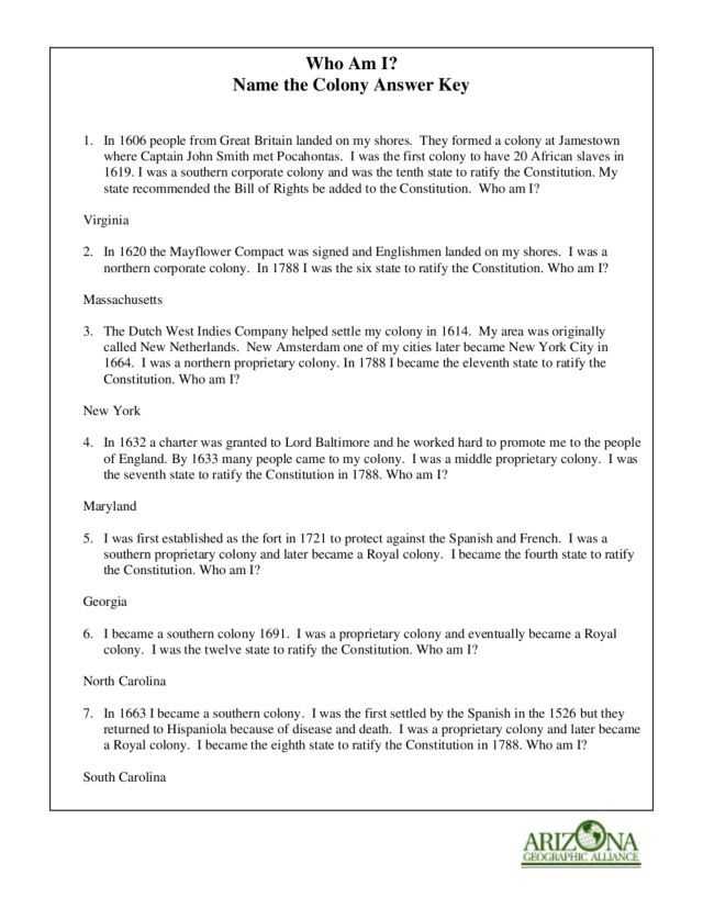 Life In the Colonies Worksheet Answers and who Am I Name the Colony Worksheet Lesson Planet
