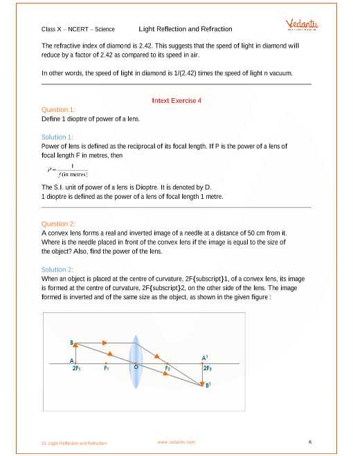 Light Refraction and Lenses Physics Classroom Worksheet Answers and Ncert solutions for Class 10 Science Chapter 10 Light Reflection