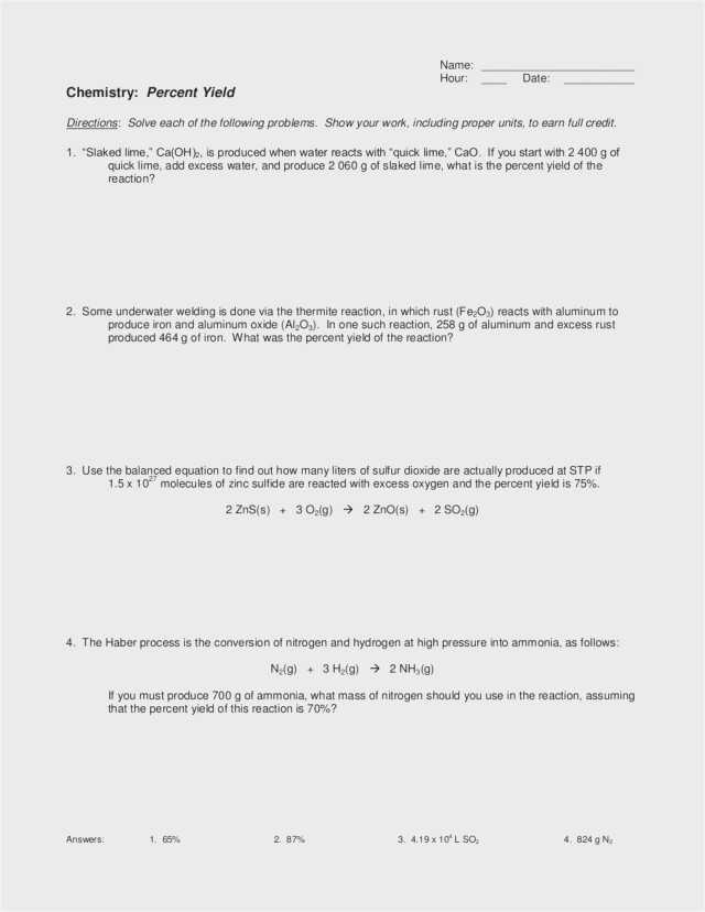 Limiting Reactant and Percent Yield Worksheet Answer Key Along with Percent Yield Worksheet 1 Kidz Activities