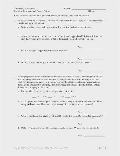 Limiting Reactant and Percent Yield Worksheet Answer Key Along with Percent Yield Worksheet 1 Kidz Activities