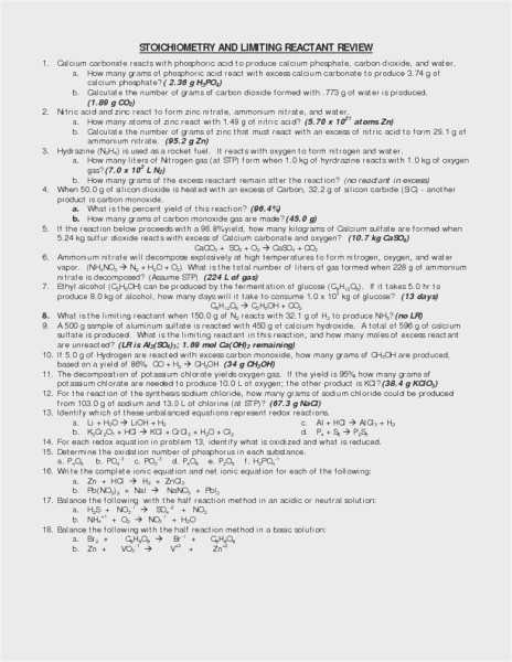 Limiting Reactant and Percent Yield Worksheet Answer Key with 35 Percent Yield Worksheet Graphics