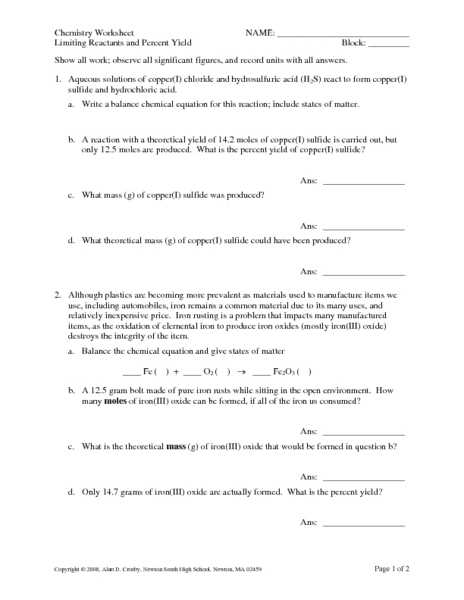 Limiting Reactant and Percent Yield Worksheet Answer Key with Fresh Limiting Reactant Worksheet Fresh Percent Yield and Limiting