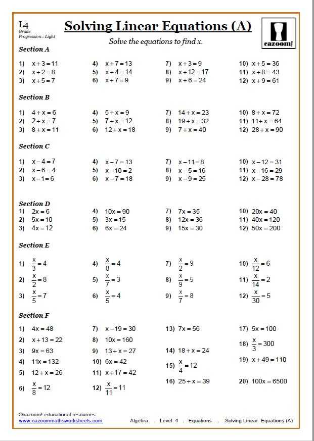 Linear Equations In One Variable Class 8 Worksheets or solving Linear Equations Worksheets Pdf