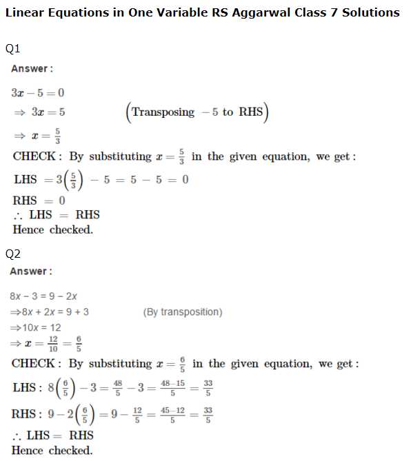 Linear Equations Review Worksheet Also Rs Aggarwal solutions for Class 7th Maths Linear Equations In E