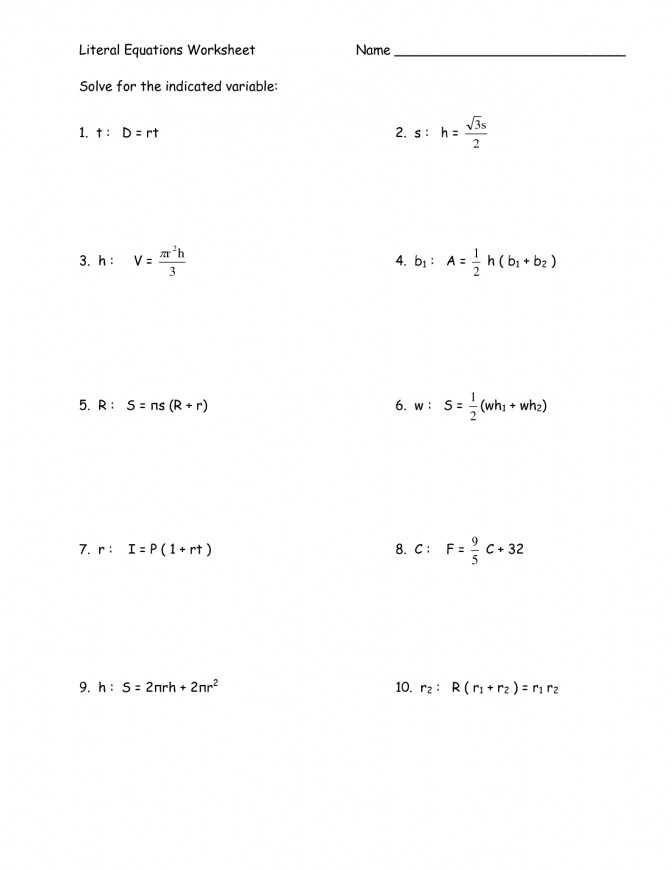 Literal Equations Worksheet 1 Answer Key or solving Multi Step Equations Worksheet