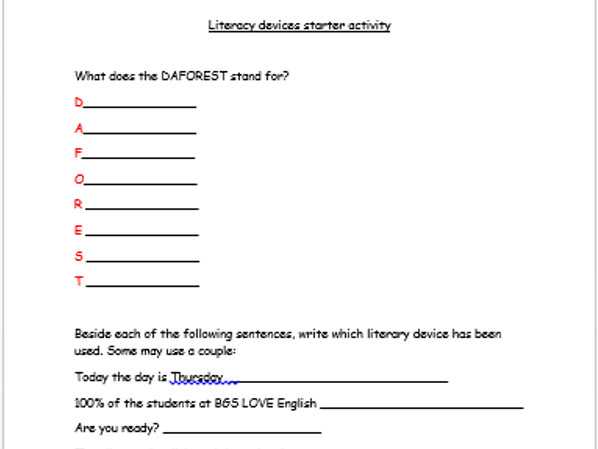 Literary Elements Review Worksheet and Literary Devices Worksheet