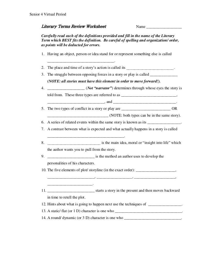 Literary Elements Review Worksheet or Literary Devices Worksheet