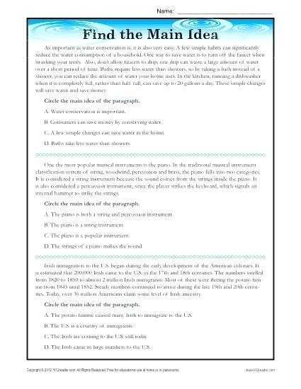 Main Idea Worksheets Pdf and 4th Grade Reading Worksheets for Perfect Reading Prehension
