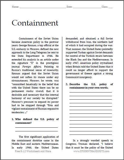 Main Idea Worksheets Pdf or Containment Cold War Reading with Questions