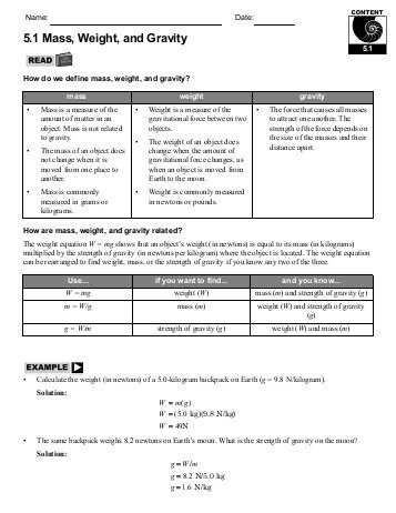Mass and Weight Worksheet Answer Key as Well as 5 1 Mass Weight and Gravity Home Link