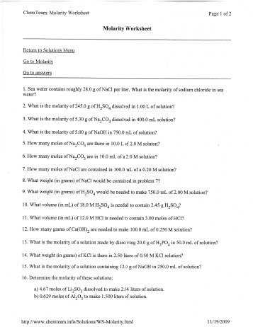 Molar Mass Worksheet Answer Key as Well as solutions Molarity Worksheet From Chemteam Warren County