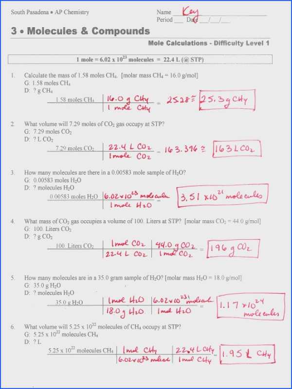 Molar Mass Worksheet Answer Key or Mole Calculation Worksheet Answers