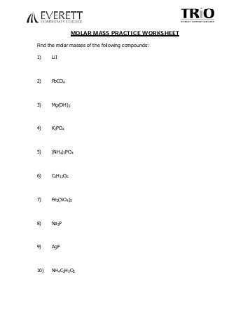 Molar Mass Worksheet Answers with Molar Mass Practice Worksheet
